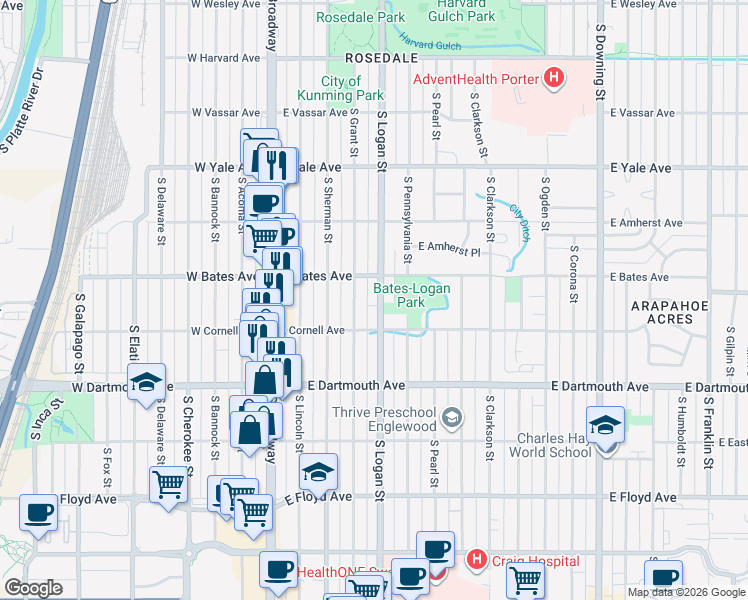 map of restaurants, bars, coffee shops, grocery stores, and more near 2957 South Logan Street in Englewood
