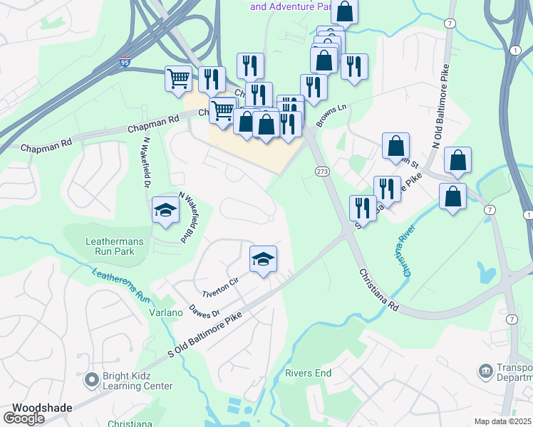 map of restaurants, bars, coffee shops, grocery stores, and more near 36 South Old Baltimore Pike in Newark