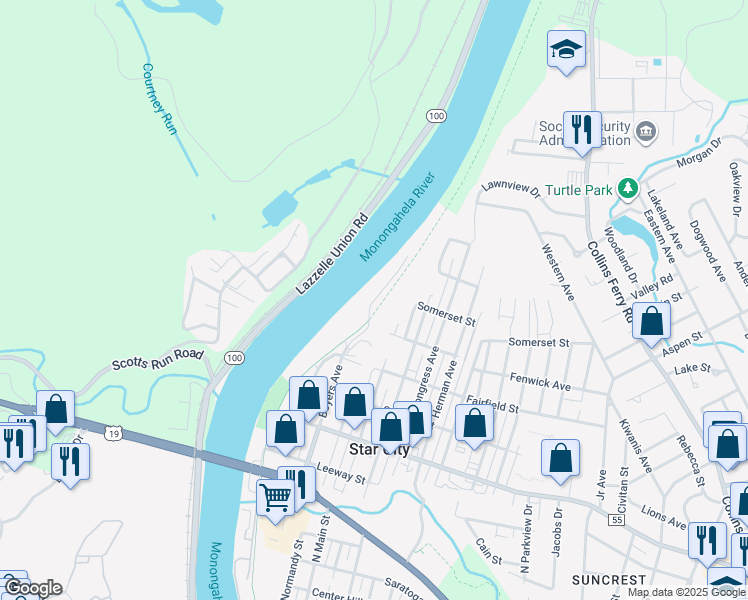map of restaurants, bars, coffee shops, grocery stores, and more near University Commons Drive in Star City