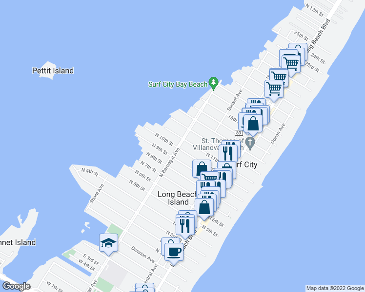map of restaurants, bars, coffee shops, grocery stores, and more near 1006 North Barnegat Avenue in Surf City