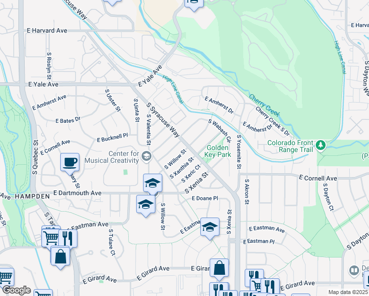 map of restaurants, bars, coffee shops, grocery stores, and more near 2950 South Willow Street in Denver