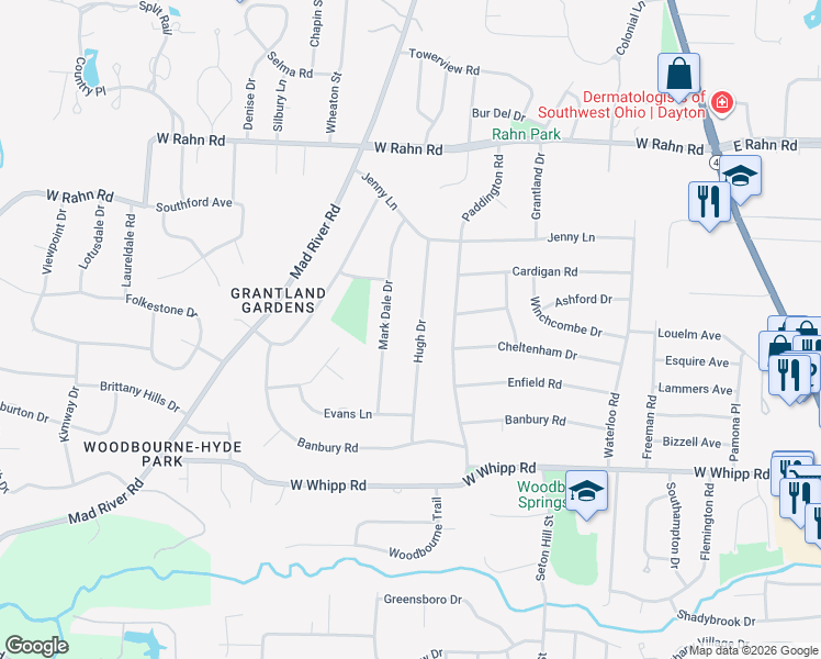 map of restaurants, bars, coffee shops, grocery stores, and more near 5602 Hugh Drive in Dayton
