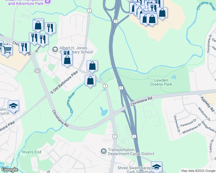map of restaurants, bars, coffee shops, grocery stores, and more near 107 East Main Street in Christiana