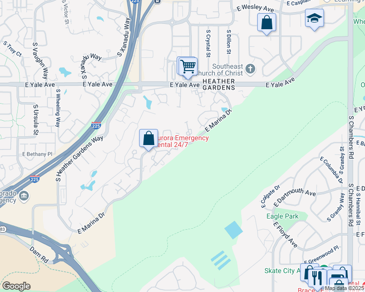 map of restaurants, bars, coffee shops, grocery stores, and more near 13992 East Marina Drive in Aurora