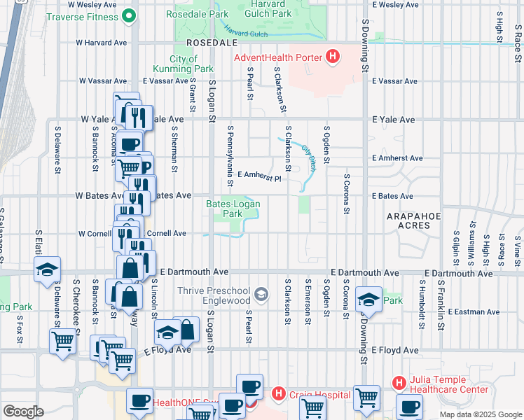 map of restaurants, bars, coffee shops, grocery stores, and more near 601 East Cornell Avenue in Englewood