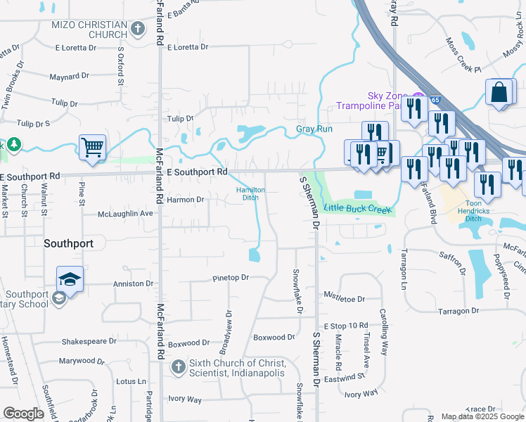 map of restaurants, bars, coffee shops, grocery stores, and more near 7120 Hearthstone Way in Indianapolis