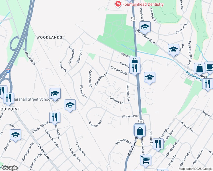 map of restaurants, bars, coffee shops, grocery stores, and more near 1281 Lindsay Lane in Hagerstown