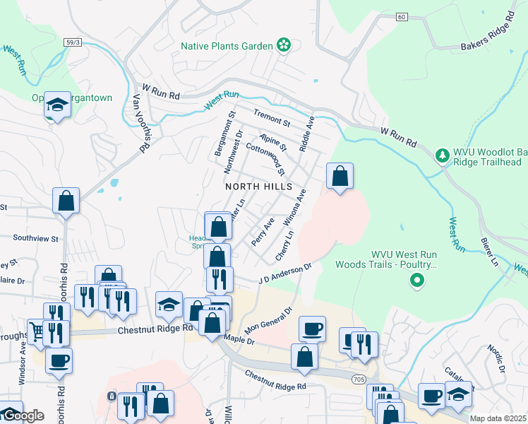 map of restaurants, bars, coffee shops, grocery stores, and more near 4 Riddle Court in Morgantown