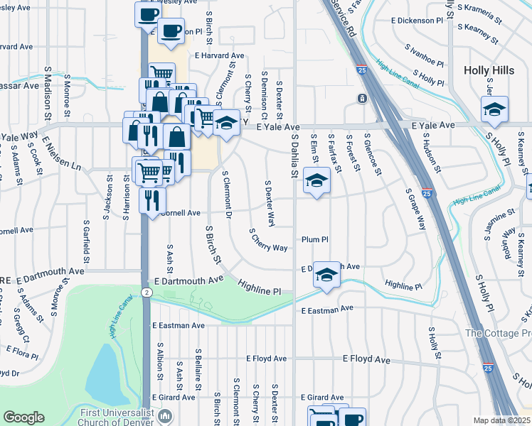 map of restaurants, bars, coffee shops, grocery stores, and more near 3018 South Cherry Way in Denver