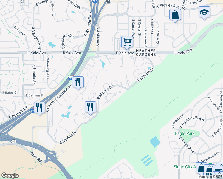map of restaurants, bars, coffee shops, grocery stores, and more near 13952 East Marina Drive in Aurora