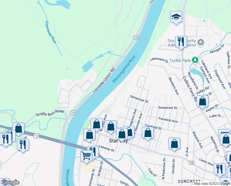 map of restaurants, bars, coffee shops, grocery stores, and more near 1101 University Commons Drive in Star City