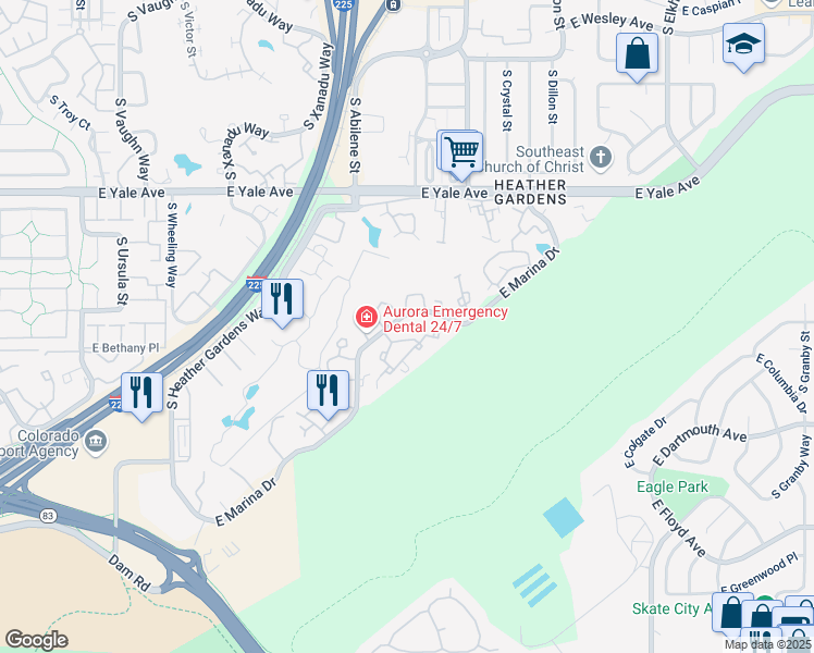 map of restaurants, bars, coffee shops, grocery stores, and more near 13902 East Marina Drive in Aurora