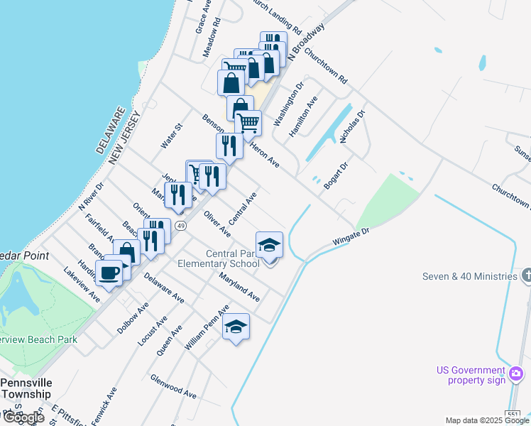 map of restaurants, bars, coffee shops, grocery stores, and more near 45 Fairview Avenue in Pennsville Township