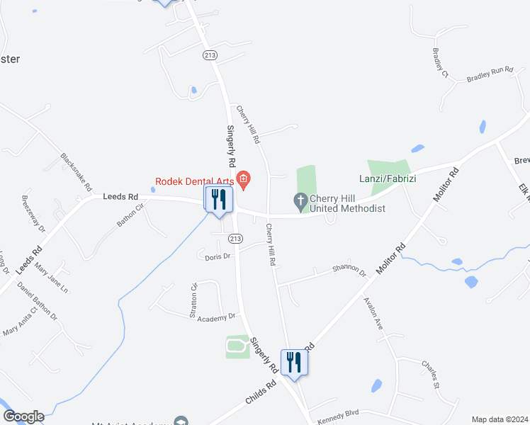 map of restaurants, bars, coffee shops, grocery stores, and more near 251A Cherry Hill Road in Elkton