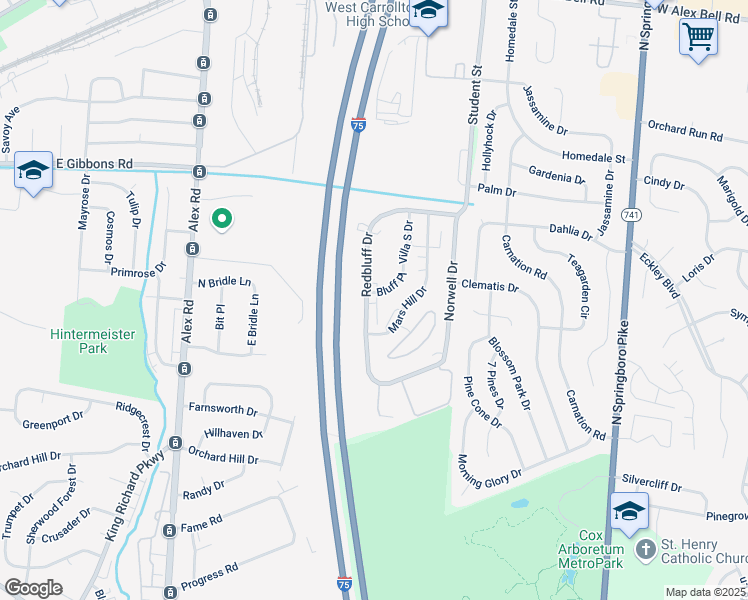 map of restaurants, bars, coffee shops, grocery stores, and more near 1171 Redbluff Drive in Dayton