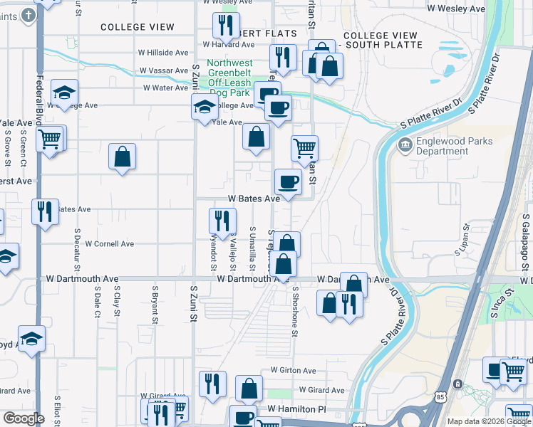 map of restaurants, bars, coffee shops, grocery stores, and more near 2960 South Umatilla Street in Englewood