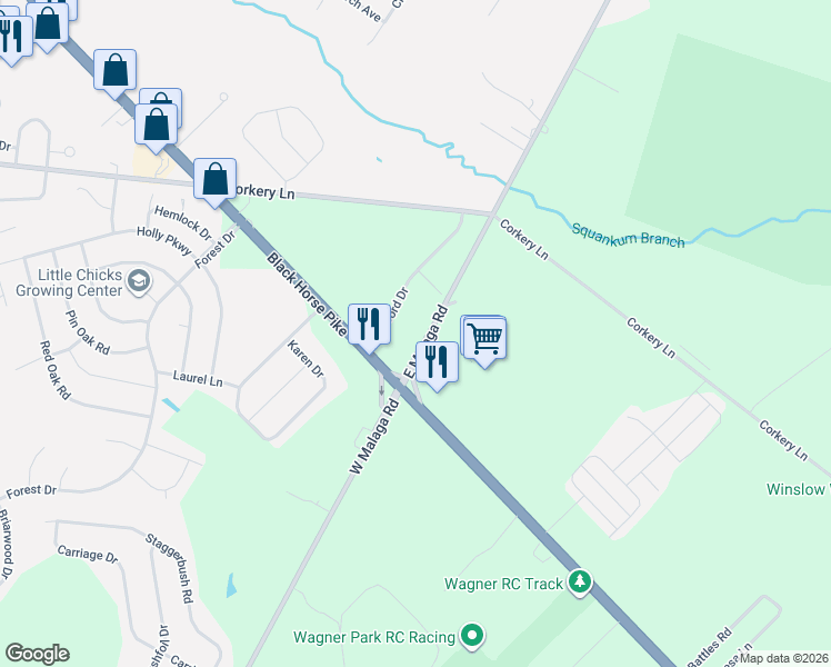 map of restaurants, bars, coffee shops, grocery stores, and more near 109 East Malaga Road in Monroe