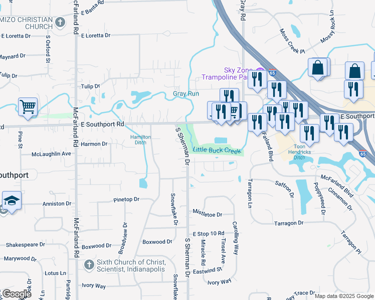 map of restaurants, bars, coffee shops, grocery stores, and more near 7115 South Sherman Drive in Indianapolis