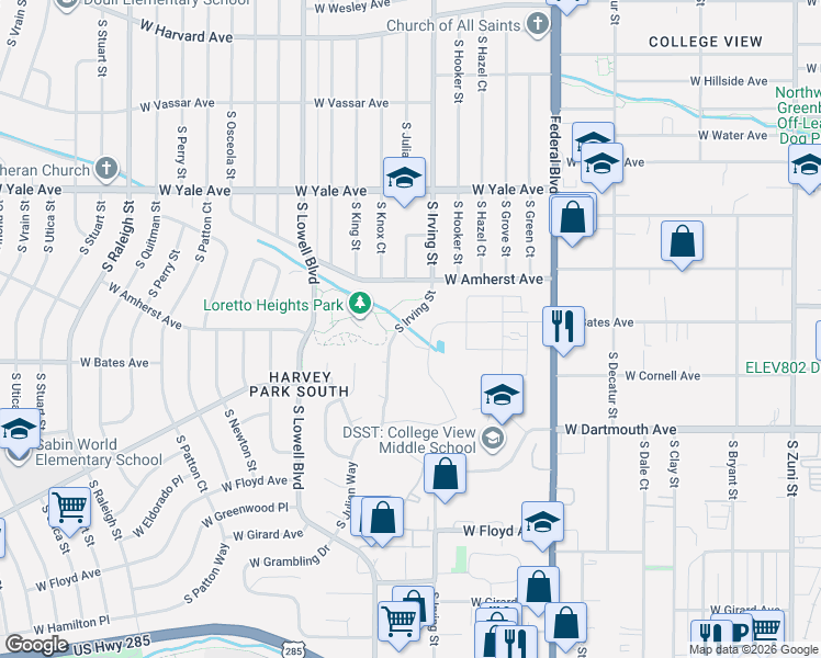 map of restaurants, bars, coffee shops, grocery stores, and more near 3001 South Irving Street in Denver
