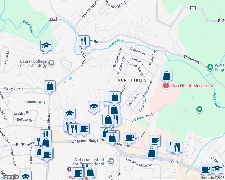 map of restaurants, bars, coffee shops, grocery stores, and more near 1332 Pineview Drive in Morgantown
