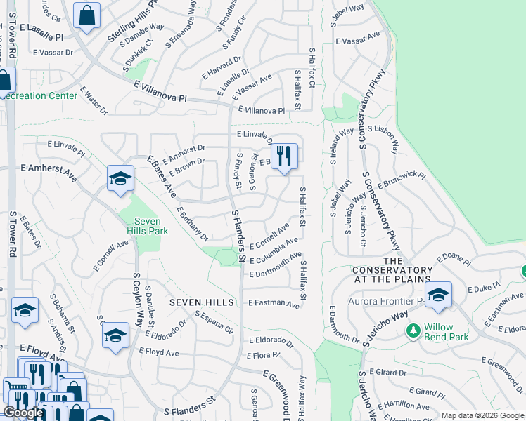 map of restaurants, bars, coffee shops, grocery stores, and more near 2958 South Genoa Street in Aurora