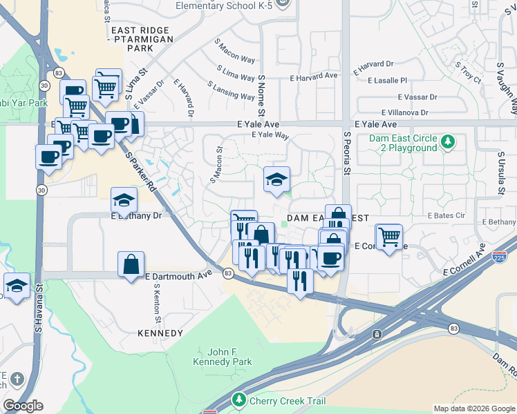 map of restaurants, bars, coffee shops, grocery stores, and more near 11595 East Cornell Circle in Aurora