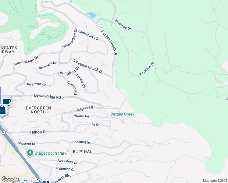 map of restaurants, bars, coffee shops, grocery stores, and more near 2855 Pebble Beach Lane in Evergreen