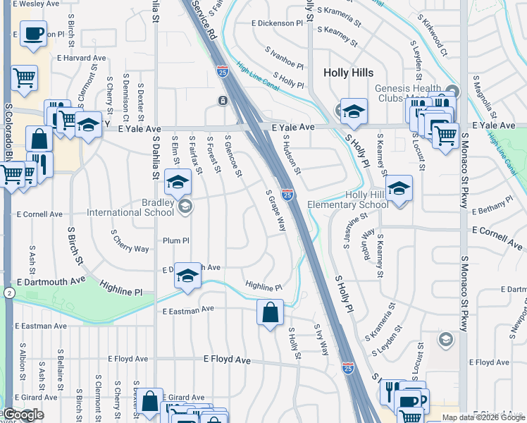 map of restaurants, bars, coffee shops, grocery stores, and more near 3044 South Glencoe Street in Denver