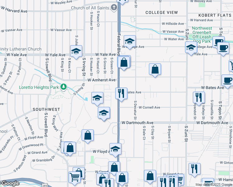 map of restaurants, bars, coffee shops, grocery stores, and more near 3000 West Bates Avenue in Denver