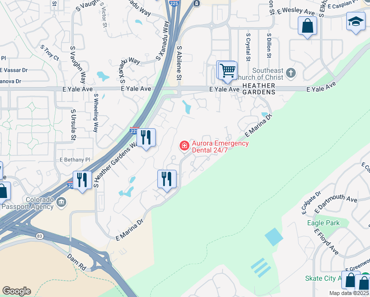 map of restaurants, bars, coffee shops, grocery stores, and more near in Aurora