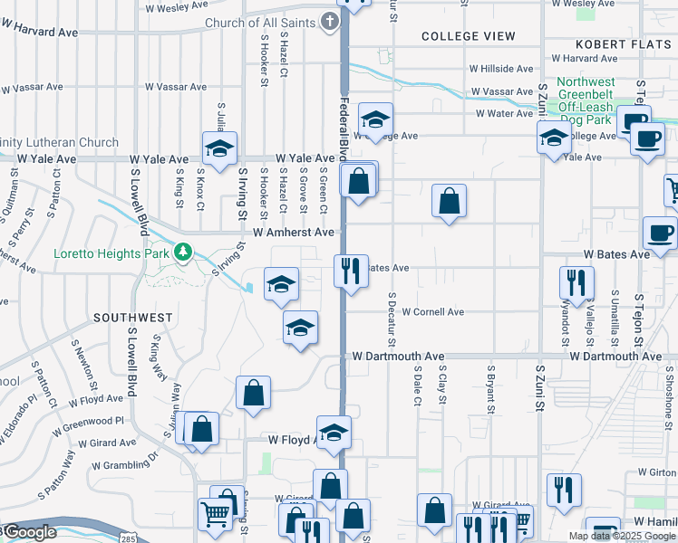 map of restaurants, bars, coffee shops, grocery stores, and more near 3000 West Bates Avenue in Denver