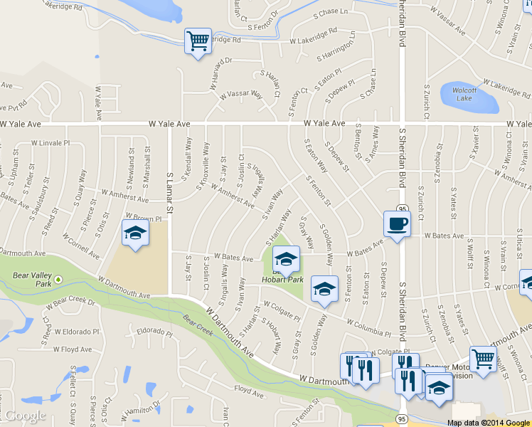 map of restaurants, bars, coffee shops, grocery stores, and more near 2812 South Ivan Way in Denver