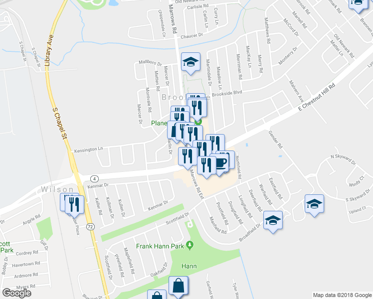 map of restaurants, bars, coffee shops, grocery stores, and more near 16 Marrows Road in Newark