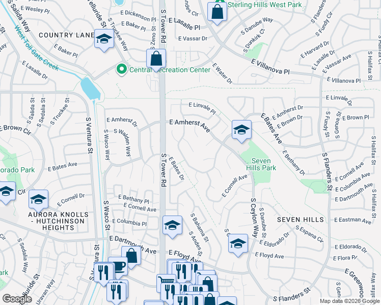 map of restaurants, bars, coffee shops, grocery stores, and more near 2933 South Argonne Street in Aurora