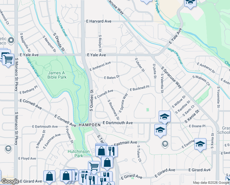 map of restaurants, bars, coffee shops, grocery stores, and more near 7611 East Columbia Place in Denver