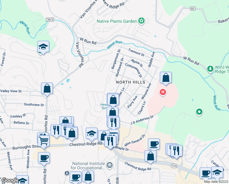 map of restaurants, bars, coffee shops, grocery stores, and more near 1329 Hunter Lane in Morgantown