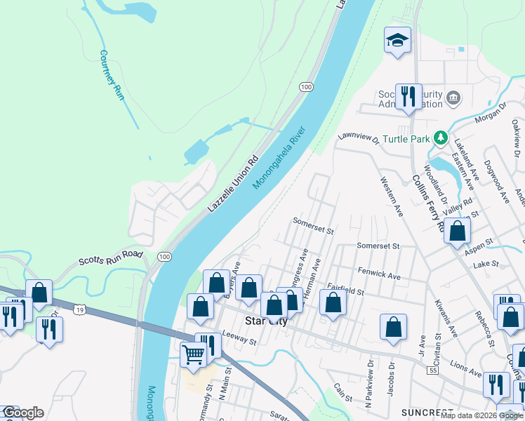 map of restaurants, bars, coffee shops, grocery stores, and more near 551 Crawford Avenue in Star City
