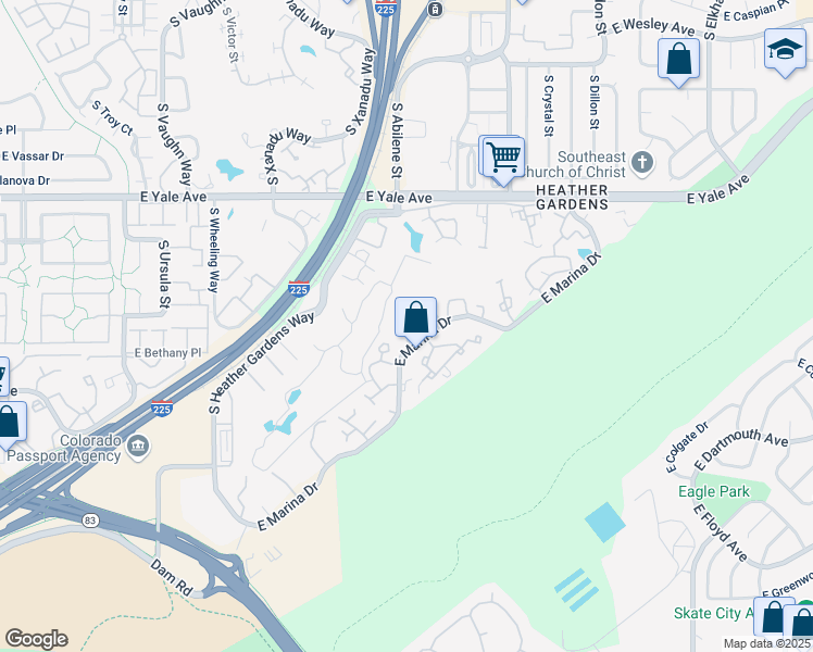 map of restaurants, bars, coffee shops, grocery stores, and more near 13901 East Marina Drive in Aurora