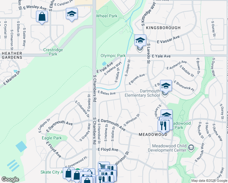 map of restaurants, bars, coffee shops, grocery stores, and more near 15559 East Bates Avenue in Aurora