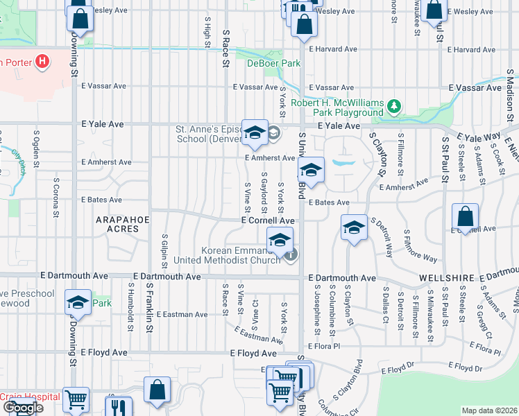 map of restaurants, bars, coffee shops, grocery stores, and more near 3005 South Gaylord Street in Denver