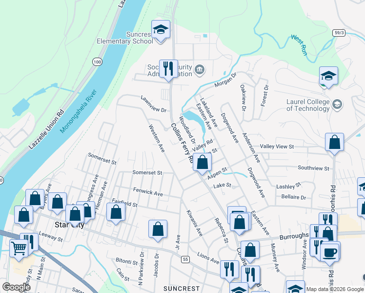map of restaurants, bars, coffee shops, grocery stores, and more near 1436 Western Avenue in Morgantown