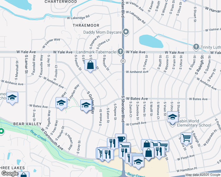 map of restaurants, bars, coffee shops, grocery stores, and more near 2840 South Eaton Way in Denver