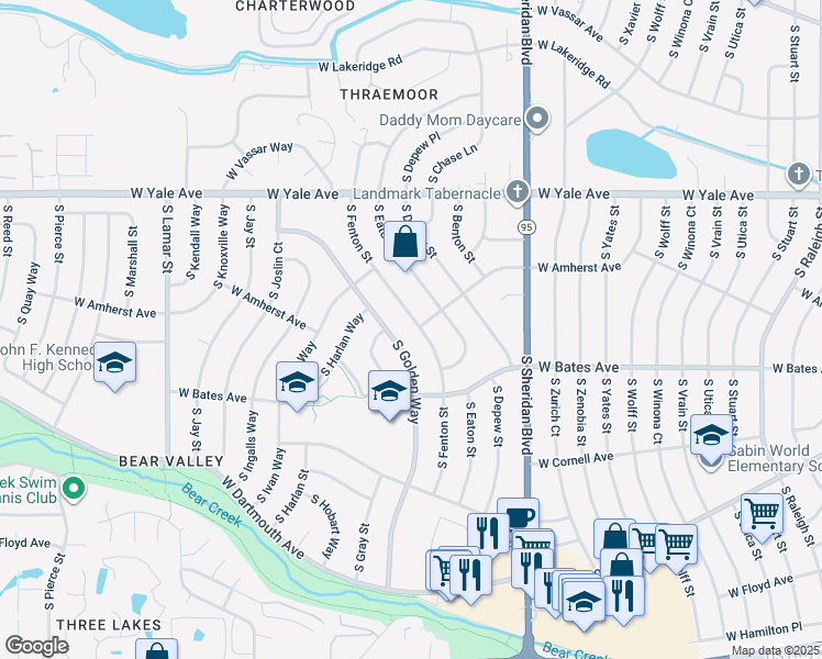 map of restaurants, bars, coffee shops, grocery stores, and more near 2851 South Golden Way in Denver