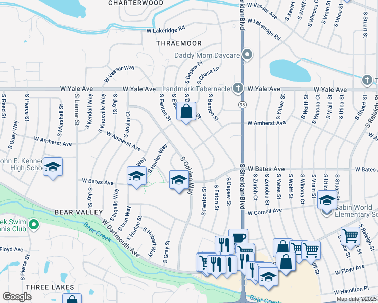 map of restaurants, bars, coffee shops, grocery stores, and more near 2851 South Golden Way in Denver