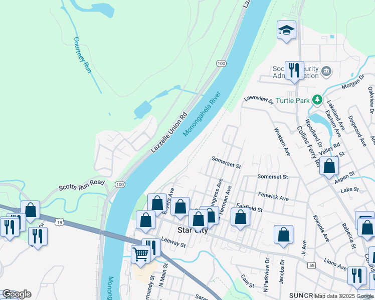 map of restaurants, bars, coffee shops, grocery stores, and more near 1101 University Commons Drive in Star City