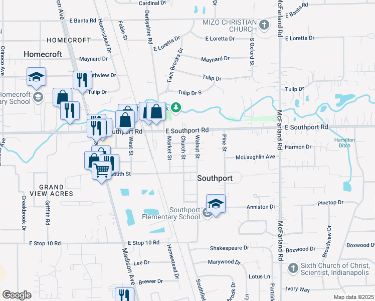 map of restaurants, bars, coffee shops, grocery stores, and more near 78 Church Street in Southport