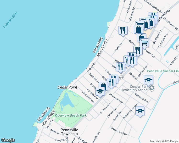 map of restaurants, bars, coffee shops, grocery stores, and more near 122 North River Drive in Salem County
