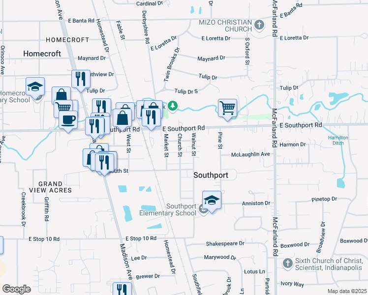 map of restaurants, bars, coffee shops, grocery stores, and more near 78 Church Street in Southport