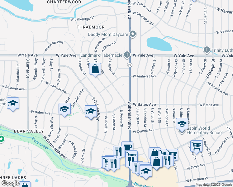 map of restaurants, bars, coffee shops, grocery stores, and more near 2840 South Eaton Way in Denver