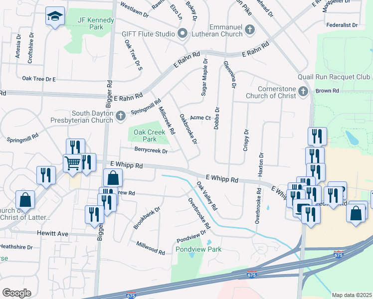 map of restaurants, bars, coffee shops, grocery stores, and more near 5413 Millcreek Road in Dayton